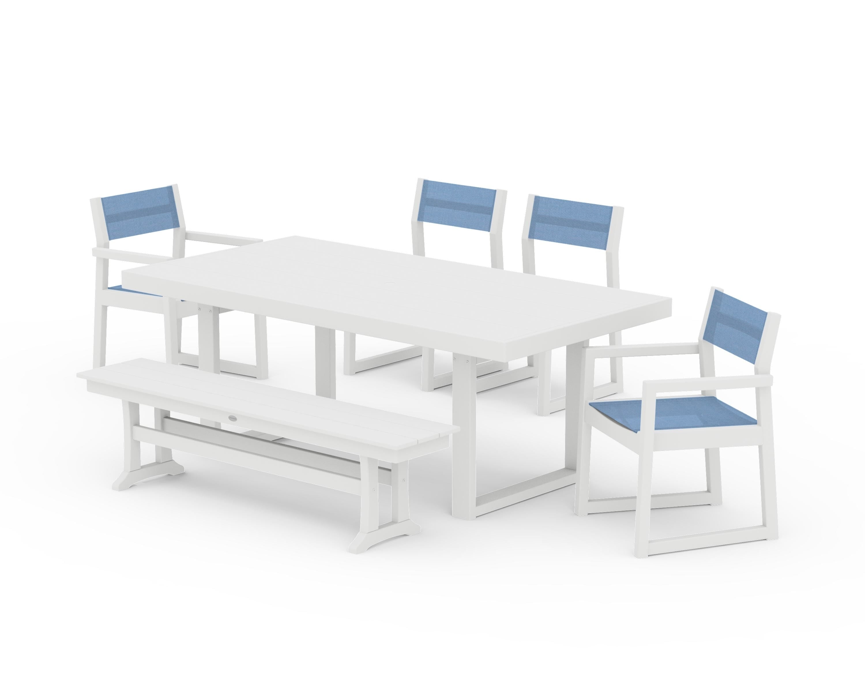 POLYWOOD® EDGE Sling 6-Piece Dining Set with Bench in White / Poolside Sling