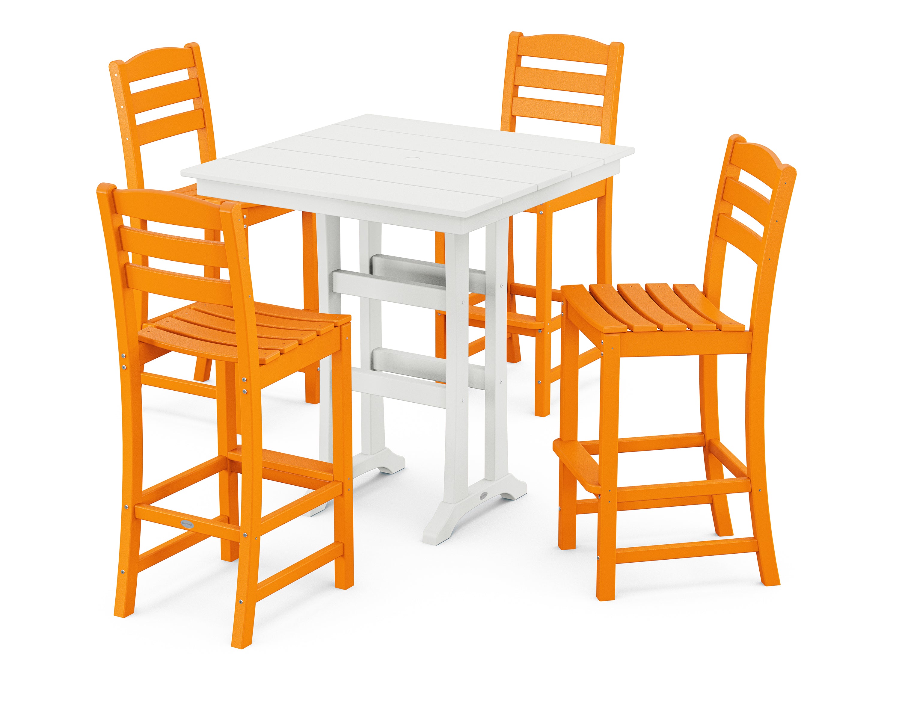 POLYWOOD® La Casa Café 5-Piece Farmhouse Trestle Bar Set in Tangerine / White