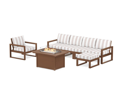 POLYWOOD® EDGE Sectional Lounge and Fire Pit Set in Teak / Cabana Stripe Dune Burlap
