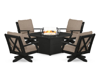 POLYWOOD® Braxton 5-Piece Deep Seating Swivel Conversation Set with Fire Pit Table in Black / Spiced Burlap
