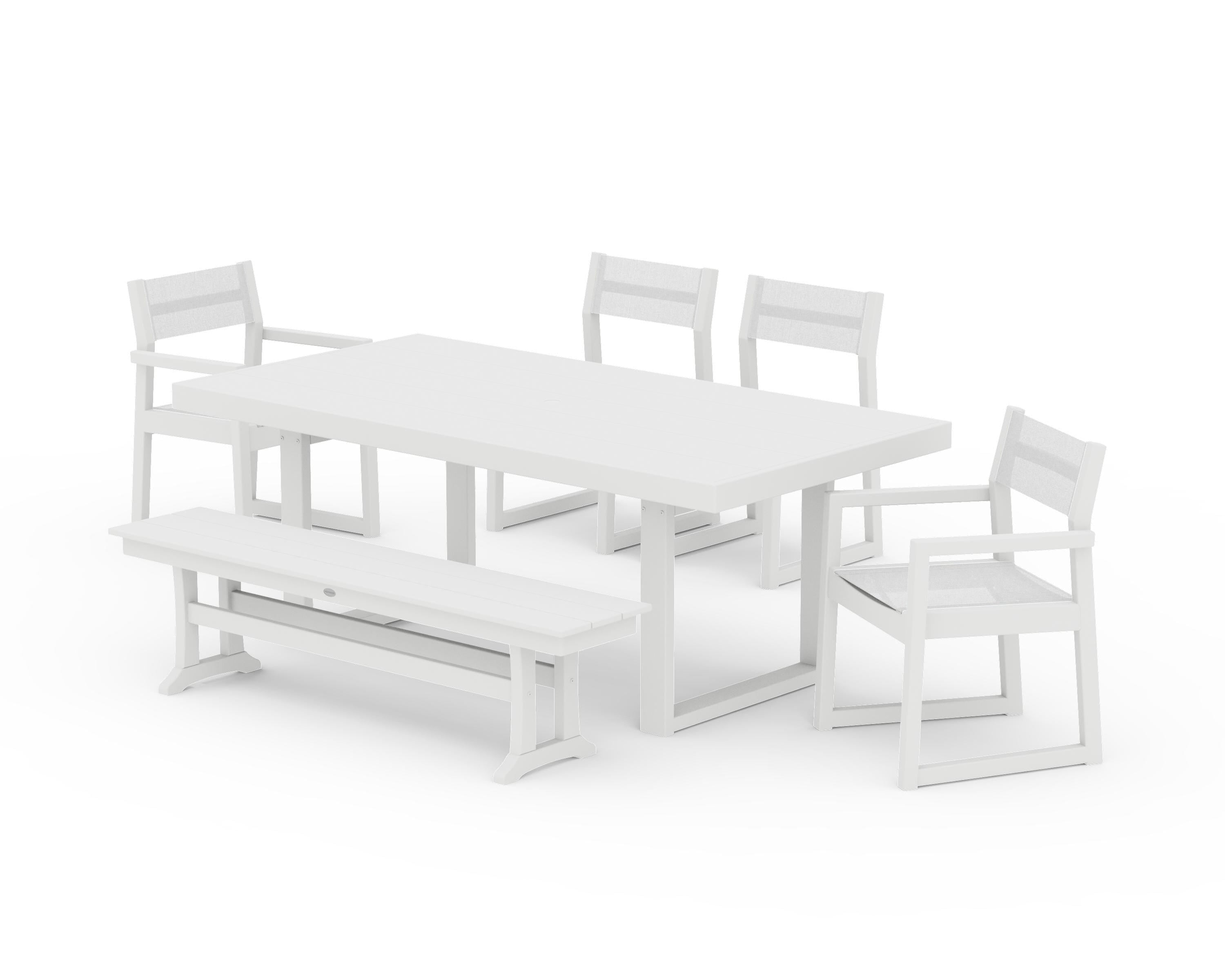POLYWOOD® EDGE Sling 6-Piece Dining Set with Bench in White / White Sling