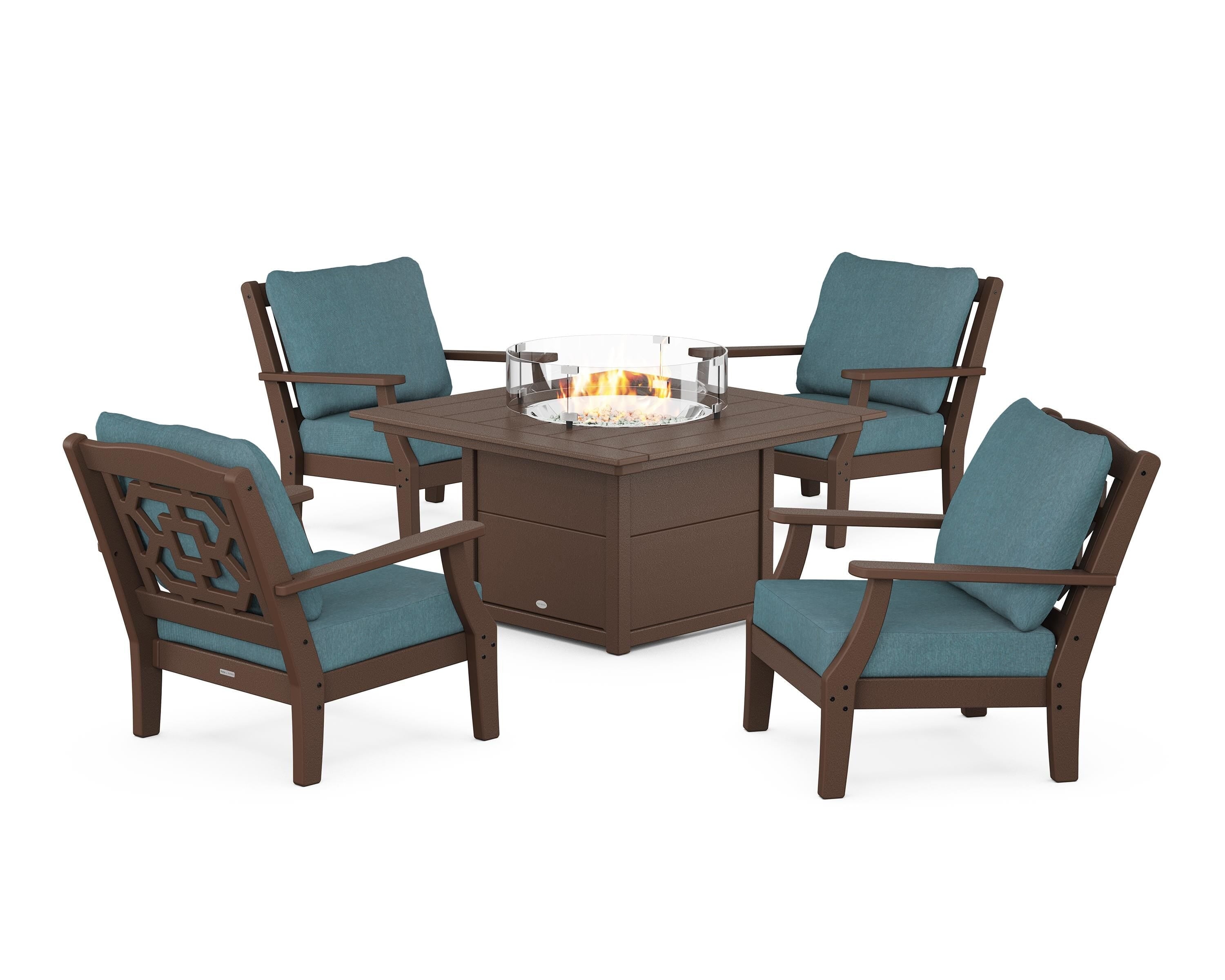Martha Stewart by POLYWOOD® Chinoiserie 5-Piece Deep Seating Set with Fire Pit Table in Mahogany / Ocean Teal