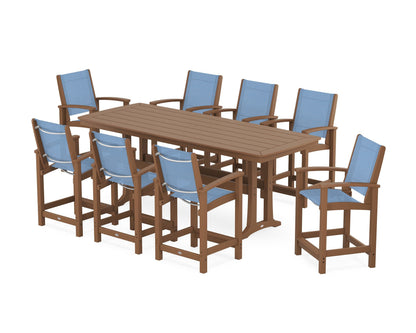 POLYWOOD® Coastal 9-Piece Counter Set with Trestle Legs in Teak / Poolside Sling