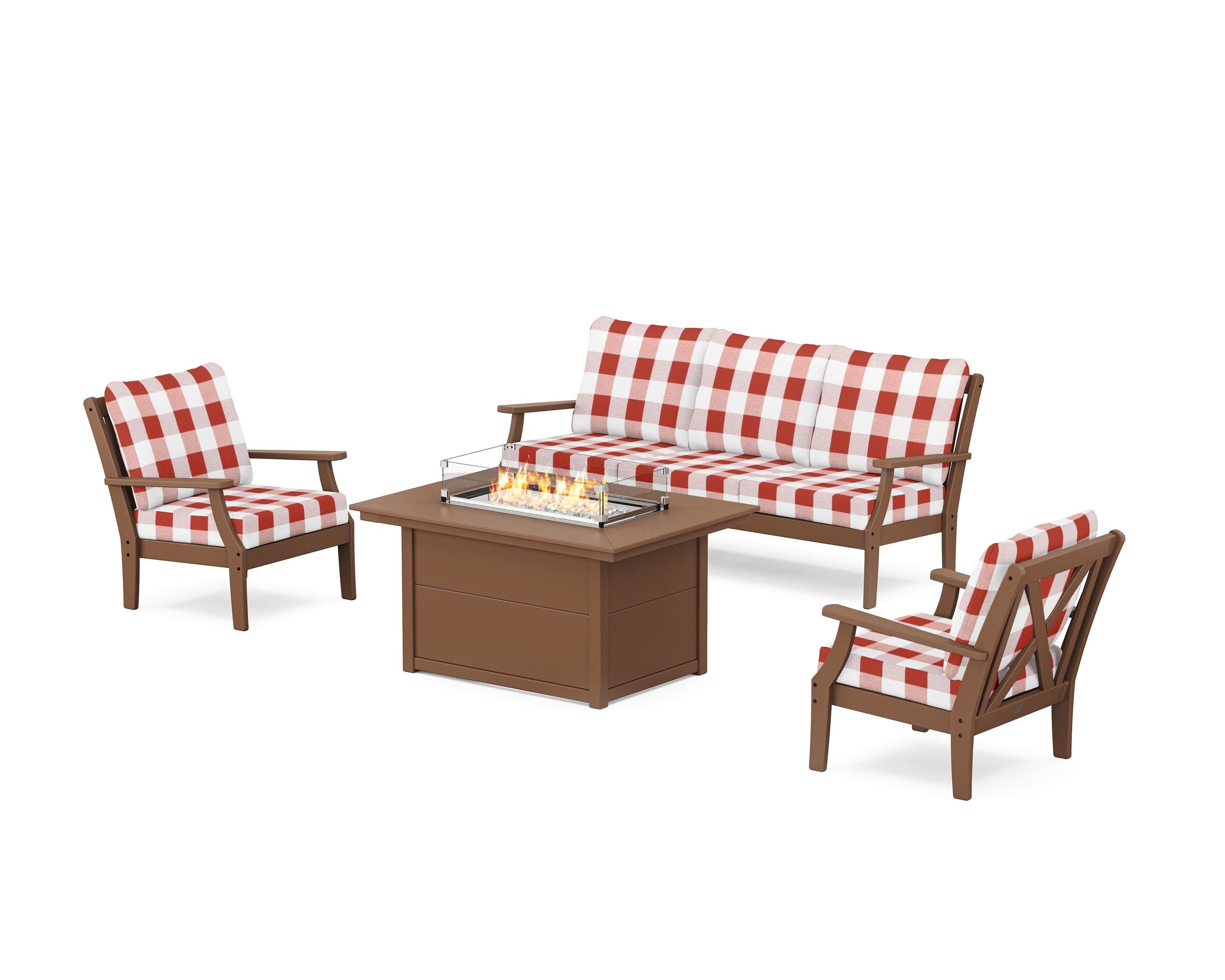 POLYWOOD® Braxton Deep Seating Fire Pit Table Set in Teak / Buffalo Plaid Crimson