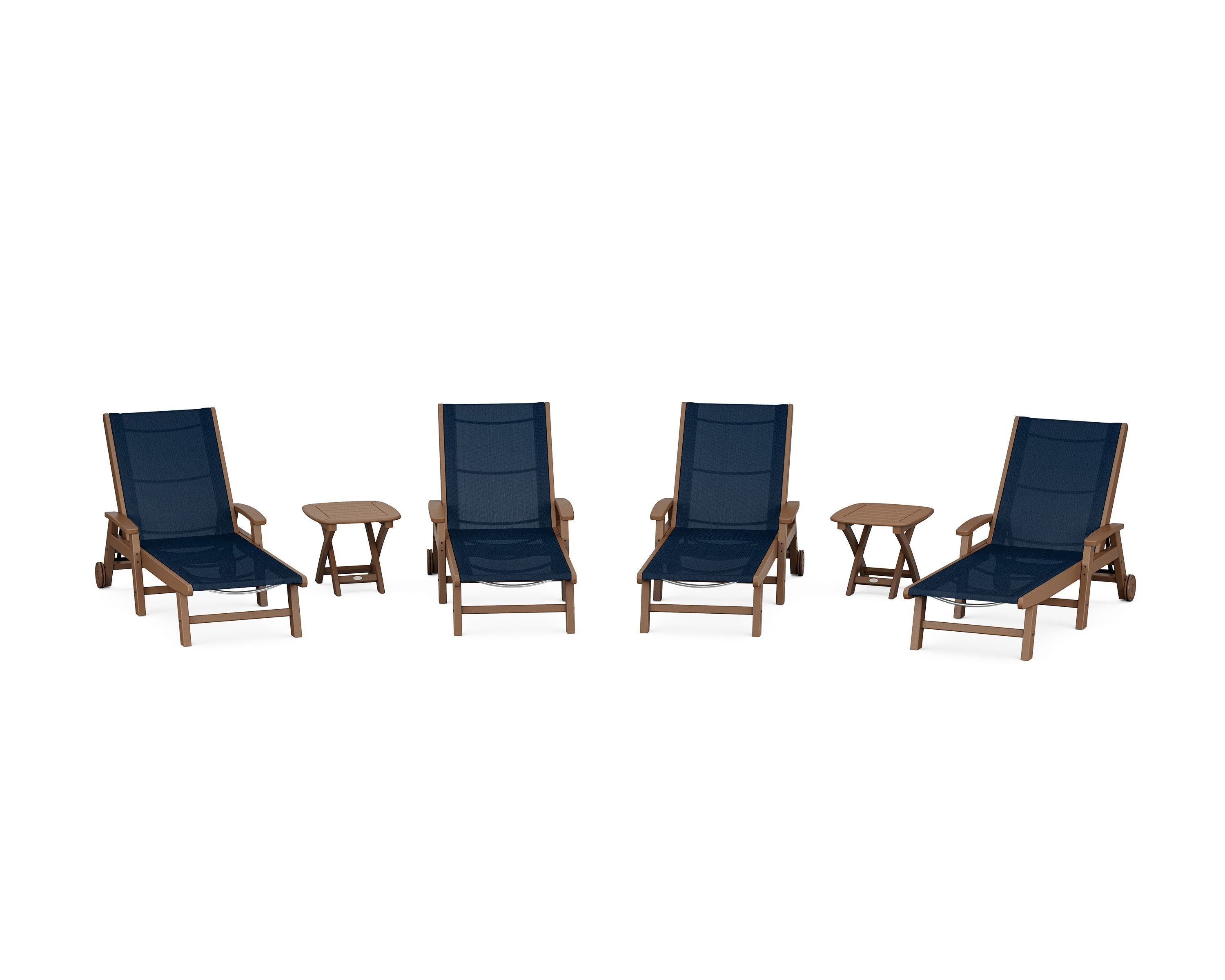 POLYWOOD® Coastal Chaise 6-Piece Set with Wheels in Teak / Navy Blue Sling