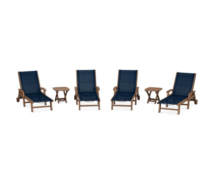 POLYWOOD® Coastal Chaise 6-Piece Set with Wheels in Teak / Navy Blue Sling