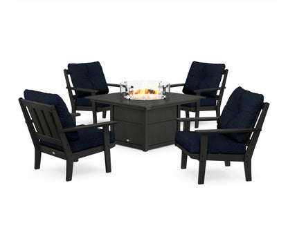POLYWOOD® Oxford 5-Piece Deep Seating Set with Fire Pit Table in Black / Marine Indigo