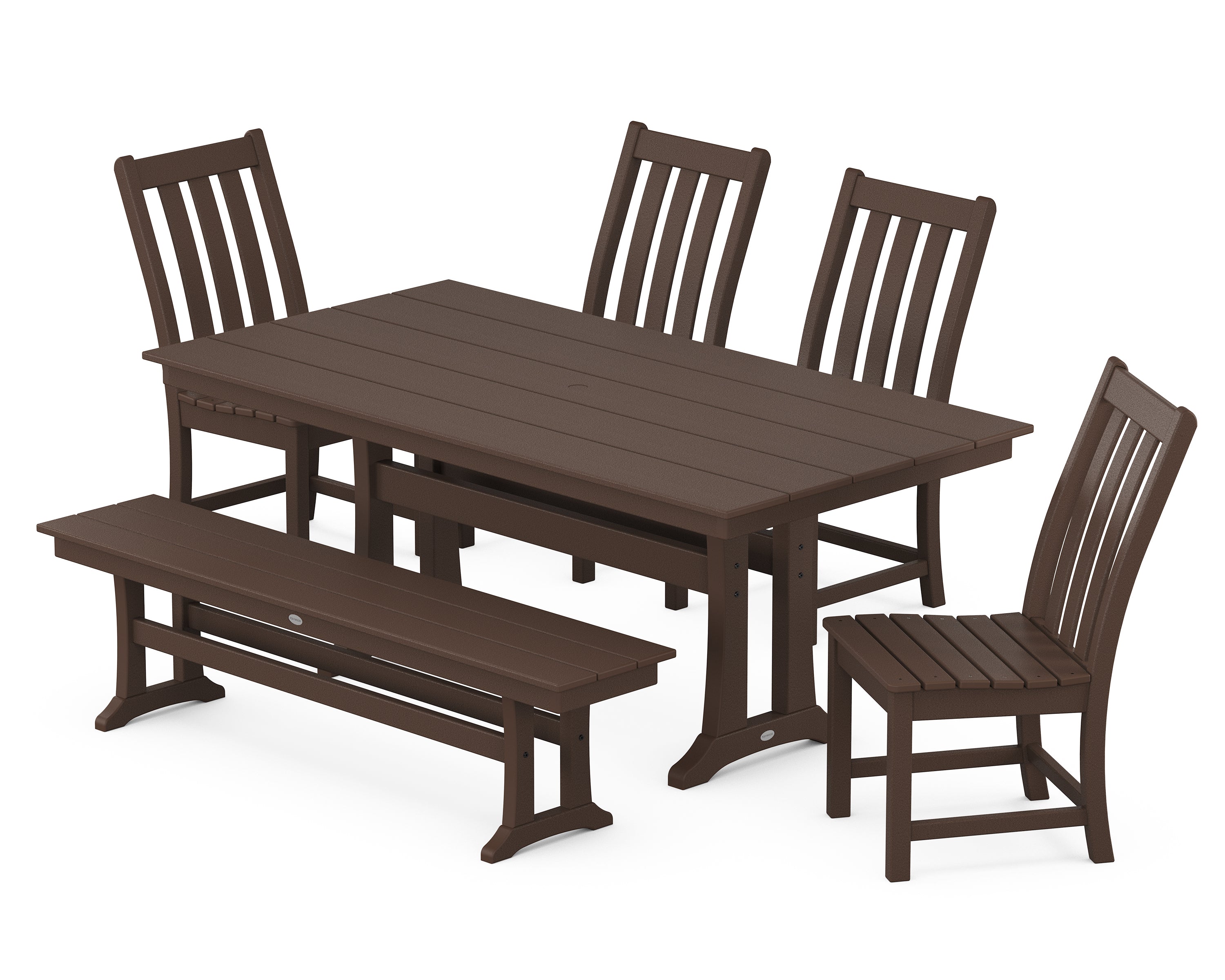 POLYWOOD® Vineyard Side Chair 6-Piece Farmhouse Dining Set with Trestle Legs and Bench in Mahogany