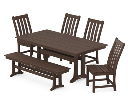 POLYWOOD® Vineyard Side Chair 6-Piece Farmhouse Dining Set with Trestle Legs and Bench in Mahogany