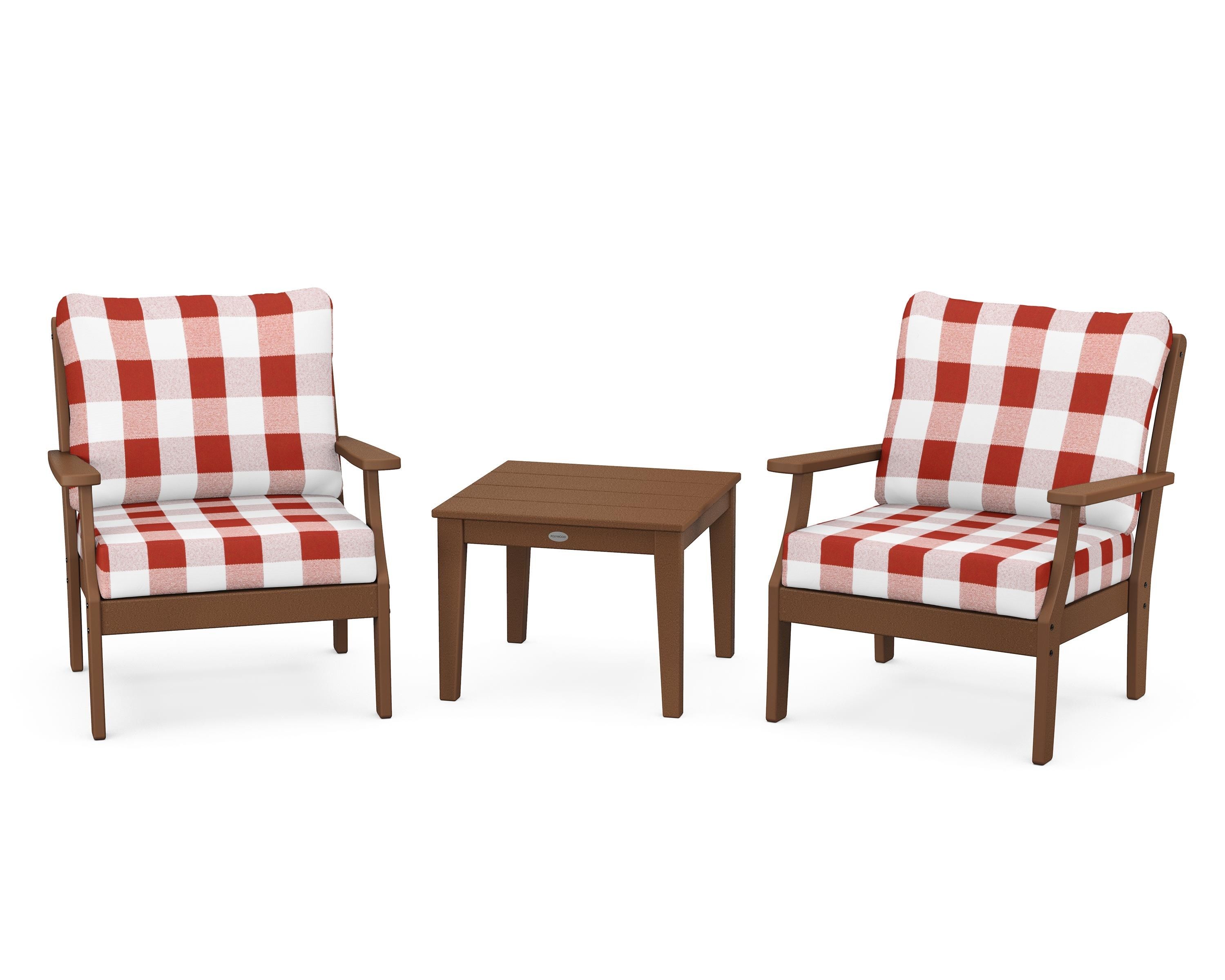 POLYWOOD® Braxton 3-Piece Deep Seating Set in Teak / Buffalo Plaid Crimson