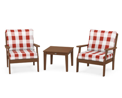 POLYWOOD® Braxton 3-Piece Deep Seating Set in Teak / Buffalo Plaid Crimson