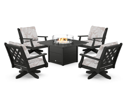 Country Living Wovendale 5-Piece Deep Seating Swivel Conversation Set with Fire Pit Table in Black / Leaf Dune Burlap