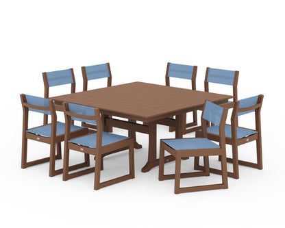 POLYWOOD® EDGE Sling Side Chair 9-Piece Farmhouse Trestle Dining Set in Teak / Poolside Sling