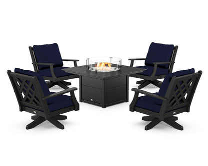Country Living Wovendale 5-Piece Deep Seating Swivel Conversation Set with Fire Pit Table in Black / Navy