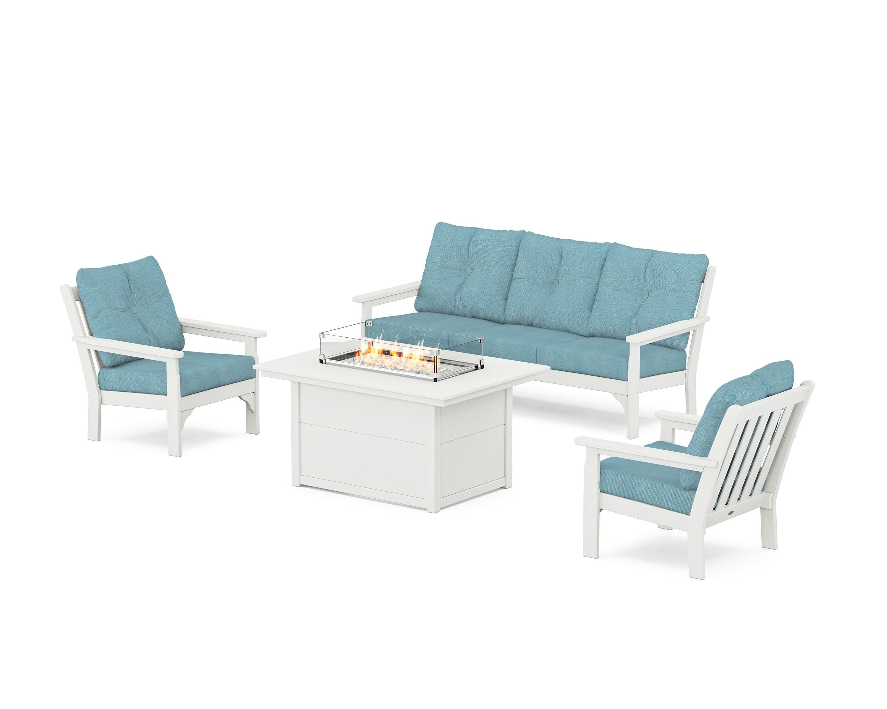 POLYWOOD® Vineyard Deep Seating Fire Pit Table Set in Vintage White / Lattice Sky Blue