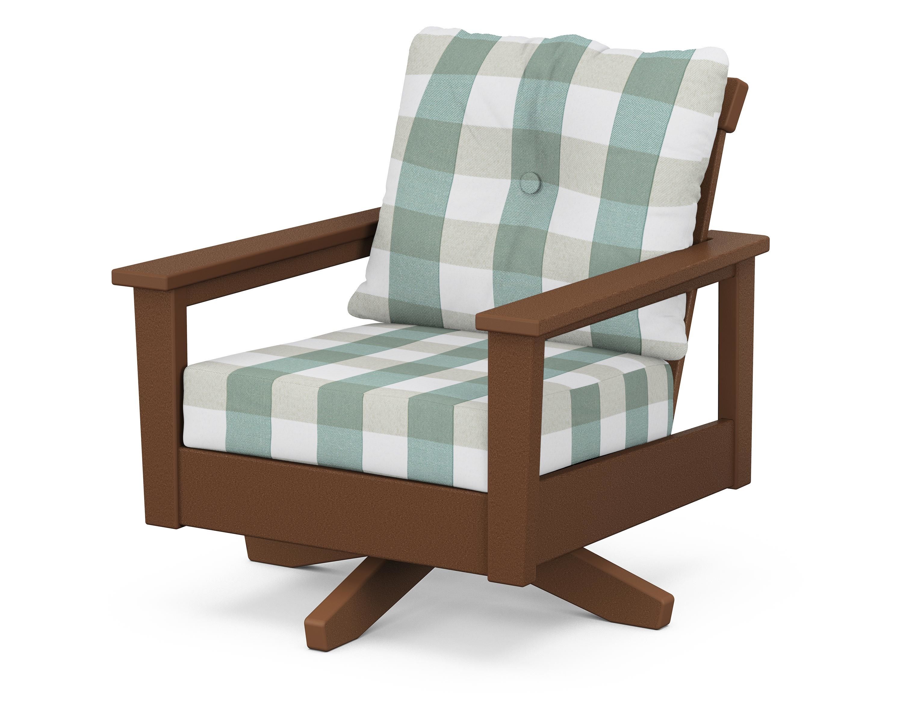 POLYWOOD® Prescott Deep Seating Swivel Chair in Teak / Buffalo Plaid Glacier Spa