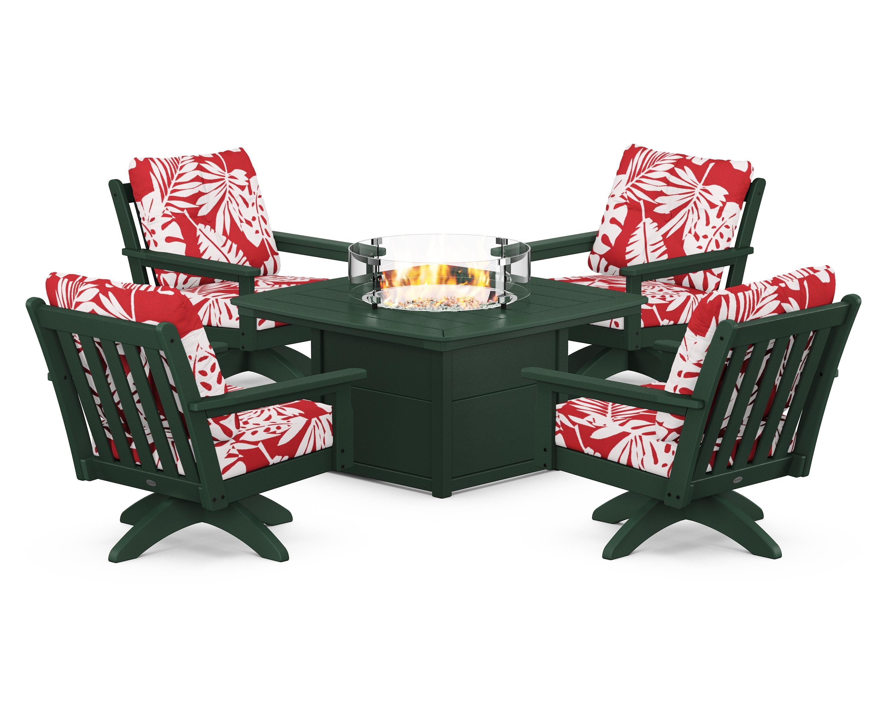 POLYWOOD® Vineyard 5-Piece Deep Seating Swivel Conversation Set with Fire Pit Table in Green / Leaf Crimson
