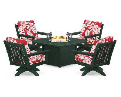 POLYWOOD® Vineyard 5-Piece Deep Seating Swivel Conversation Set with Fire Pit Table in Green / Leaf Crimson