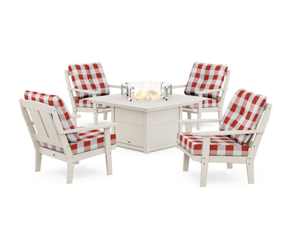 POLYWOOD® Mission 5-Piece Deep Seating Set with Fire Pit Table in Sand / Buffalo Plaid Crimson