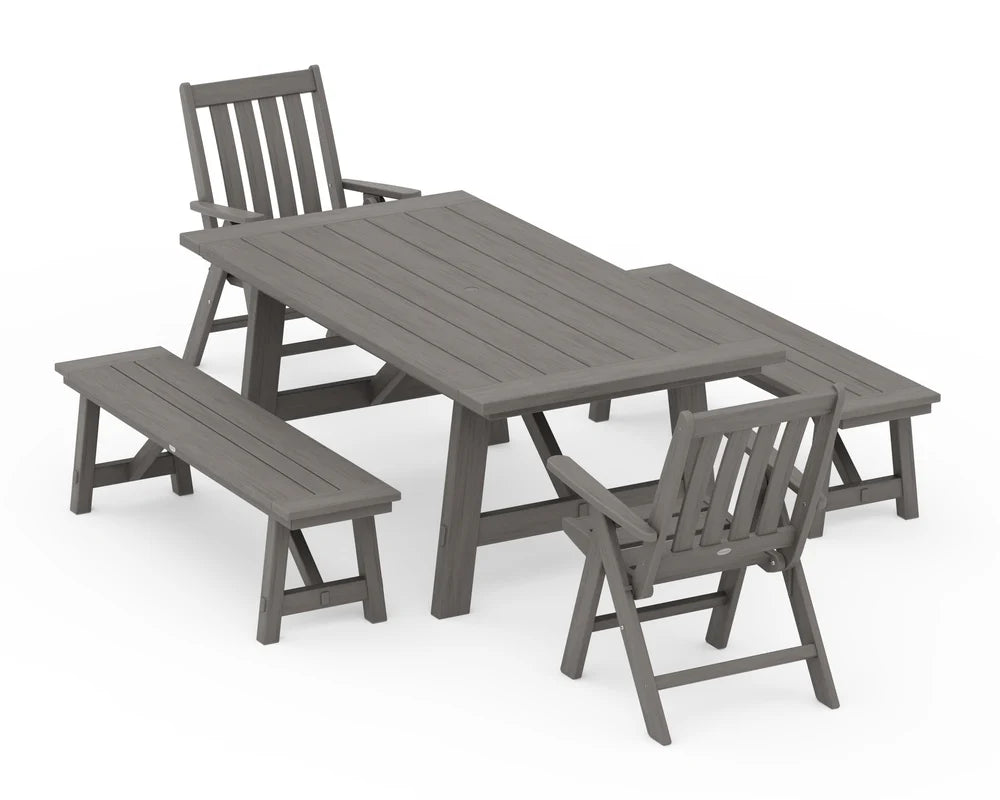 Vineyard Folding Chair 5-Piece Rustic Farmhouse Dining Set With Benches
