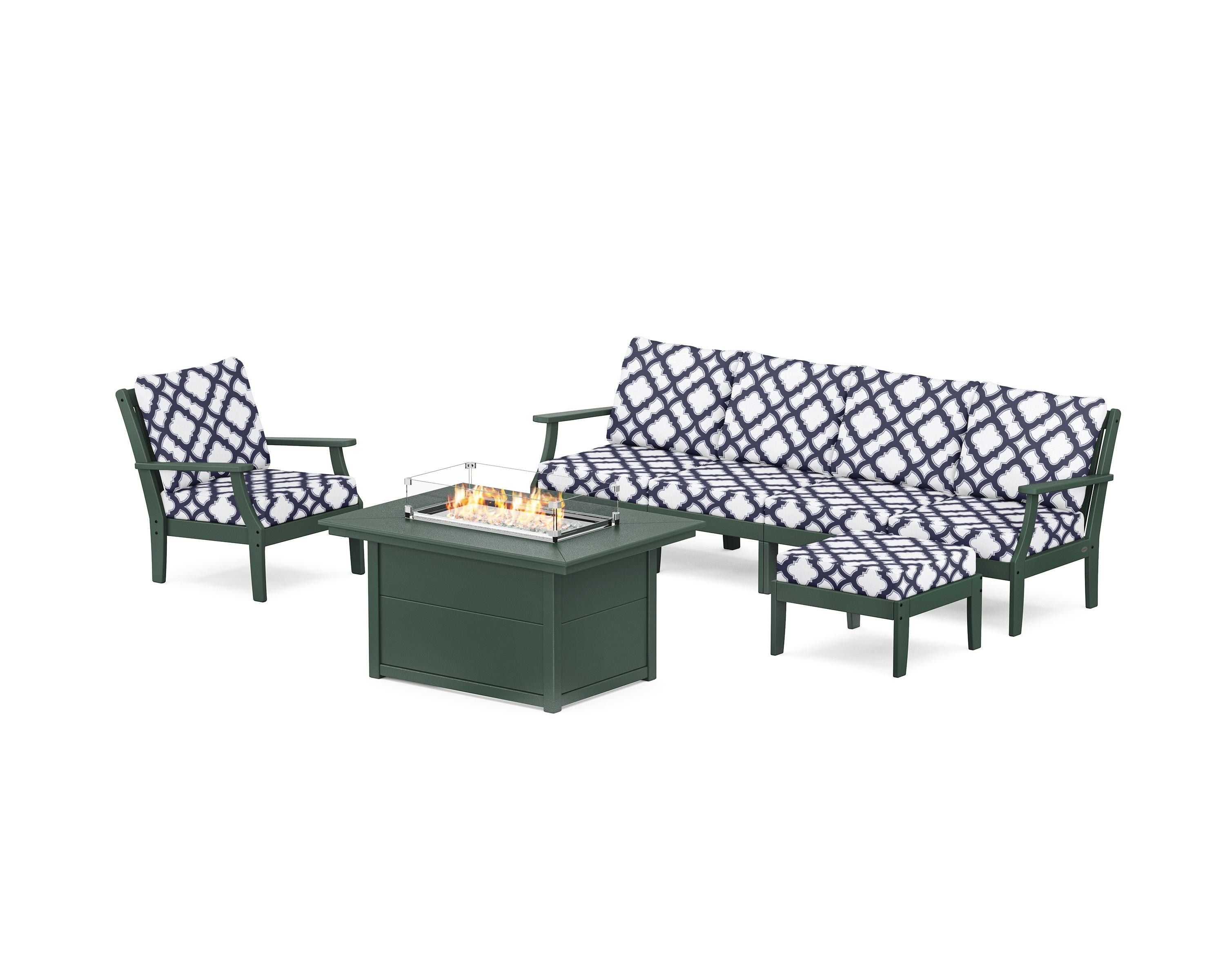 POLYWOOD® Braxton Sectional Lounge and Fire Pit Set in Green / Trellis Navy