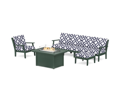 POLYWOOD® Braxton Sectional Lounge and Fire Pit Set in Green / Trellis Navy