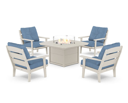 POLYWOOD® Lakeside 5-Piece Deep Seating Set with Nautical Fire Pit Table in Sand / Sky Blue