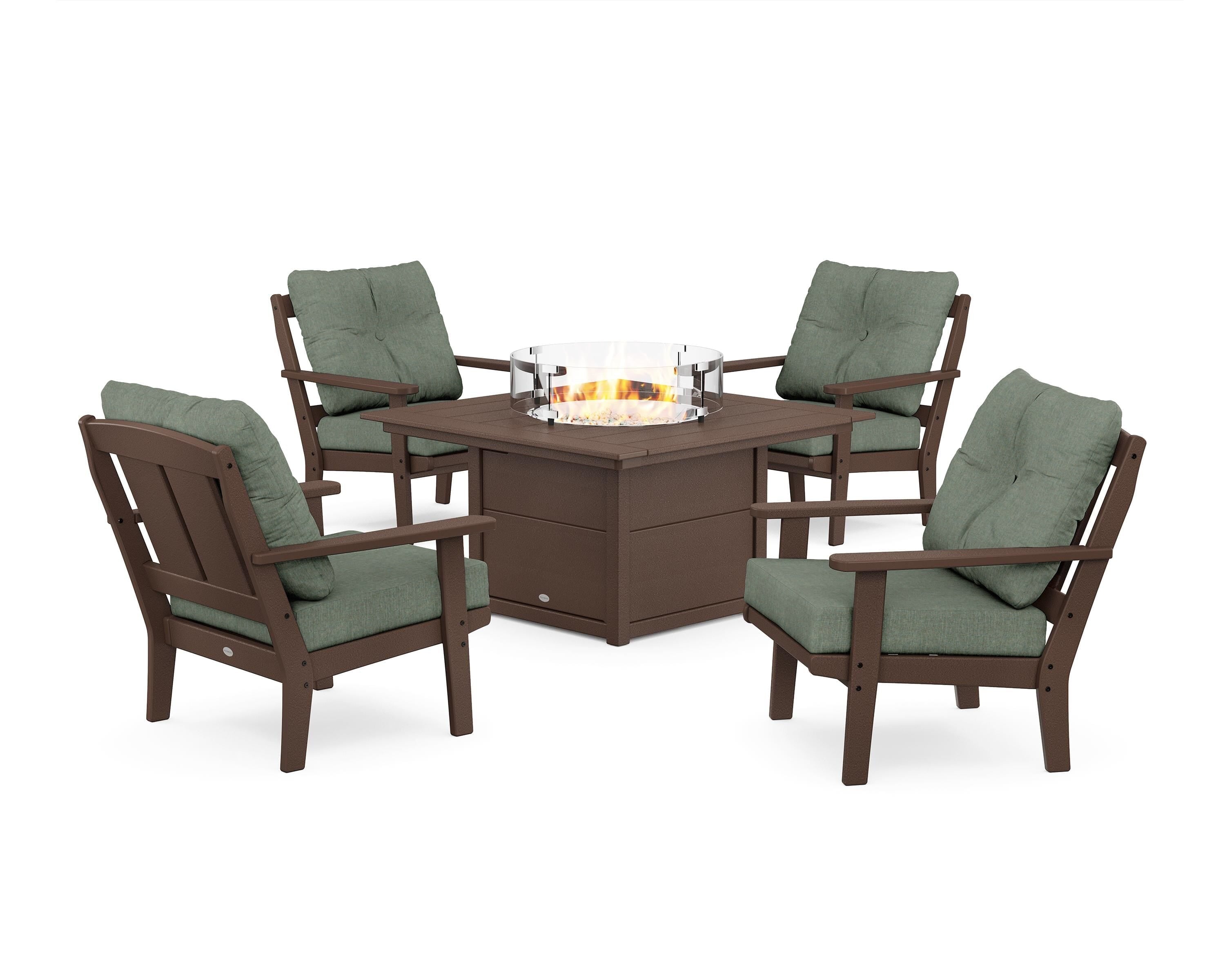 POLYWOOD® Mission 5-Piece Deep Seating Set with Fire Pit Table in Mahogany / Cast Sage