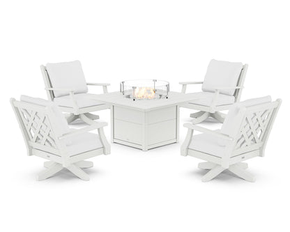 Country Living Wovendale 5-Piece Deep Seating Swivel Conversation Set with Fire Pit Table in White / Natural