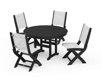 POLYWOOD® Coastal Folding Side Chair 5-Piece Round Dining Set in Black / White Sling