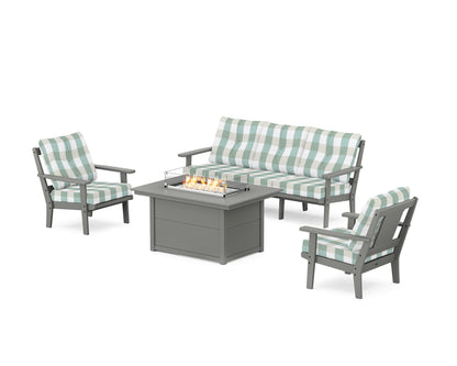 POLYWOOD® Prairie Deep Seating Fire Pit Table Set in Slate Grey / Buffalo Plaid Glacier Spa