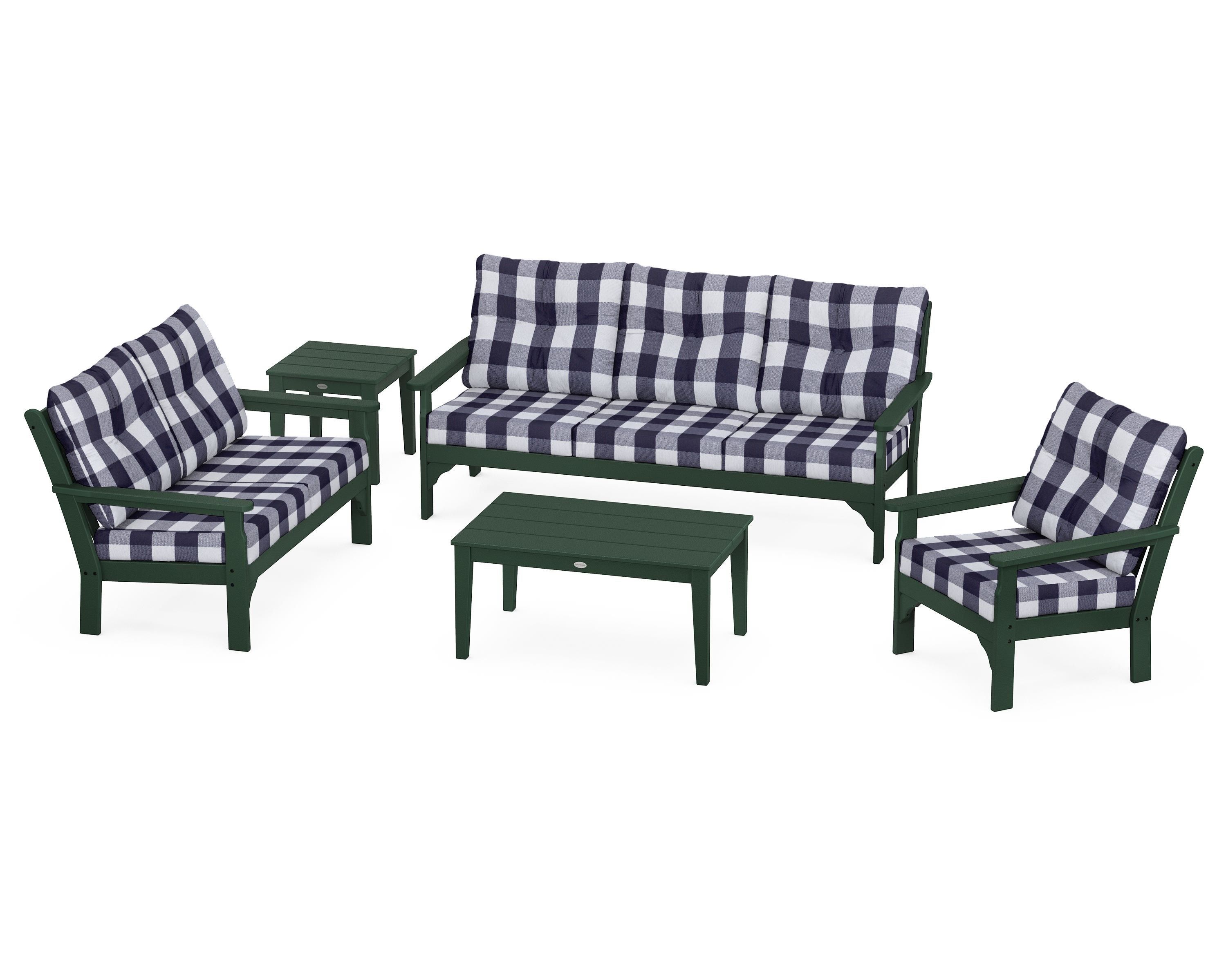 POLYWOOD® Vineyard 5 Piece Deep Seating Set in Green / Buffalo Plaid Navy