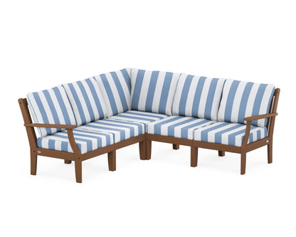 POLYWOOD® Braxton Modular 5-Piece Deep Seating Set in Teak / Cabana Stripe Sky Blue