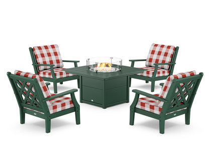 Country Living Wovendale 5-Piece Deep Seating Set with Fire Pit Table in Green / Buffalo Plaid Crimson