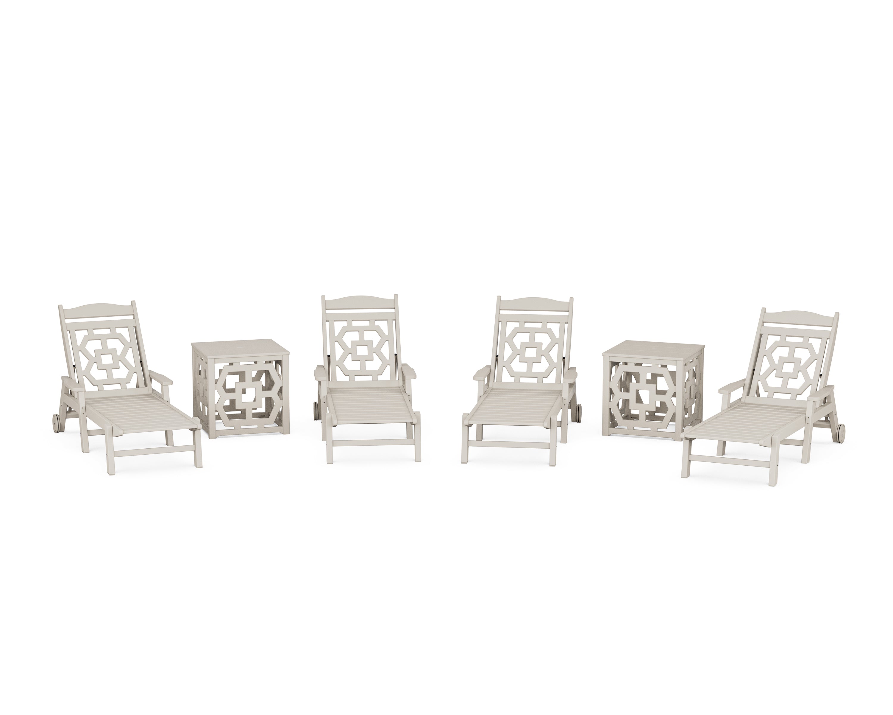 Martha Stewart by POLYWOOD® Chinoiserie 6-Piece Chaise Set with Umbrella Stand Accent Table in Sand