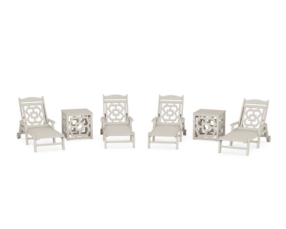 Martha Stewart by POLYWOOD® Chinoiserie 6-Piece Chaise Set with Umbrella Stand Accent Table in Sand