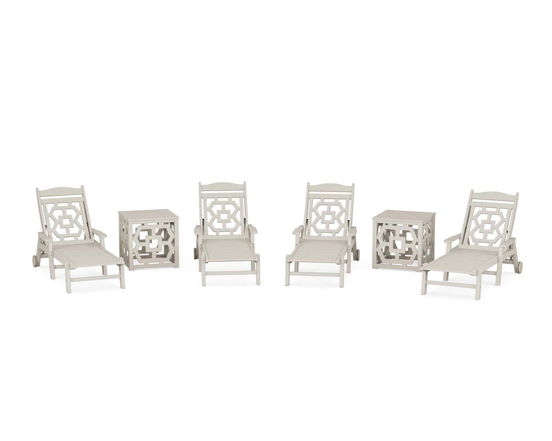 Chinoiserie 6-Piece Chaise Set with Umbrella Stand Accent Table
