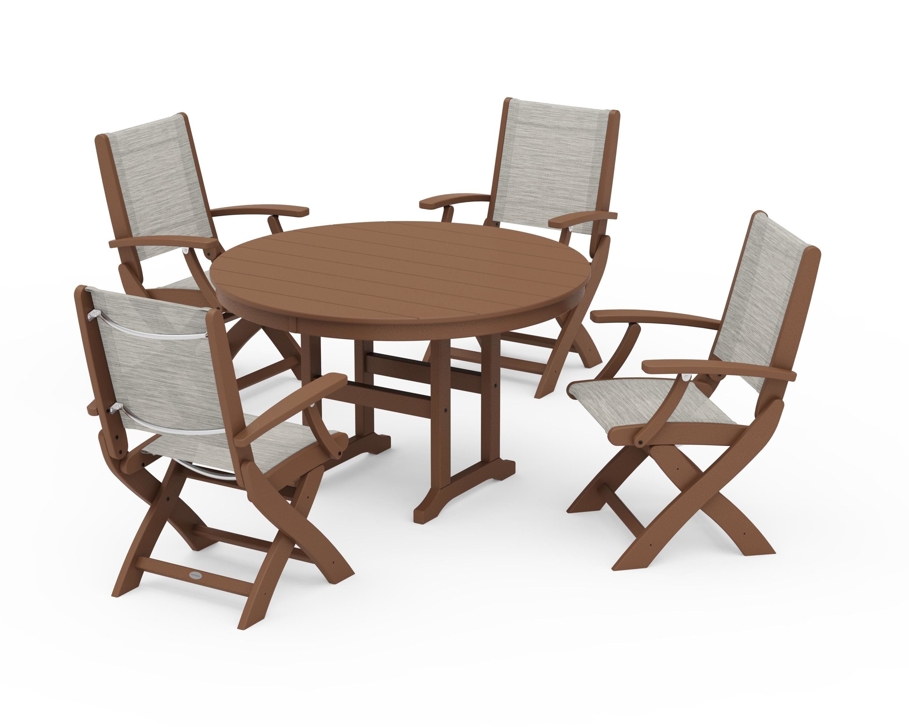 POLYWOOD® Coastal Folding Chair 5-Piece Round Dining Set in Teak / Birch Sling