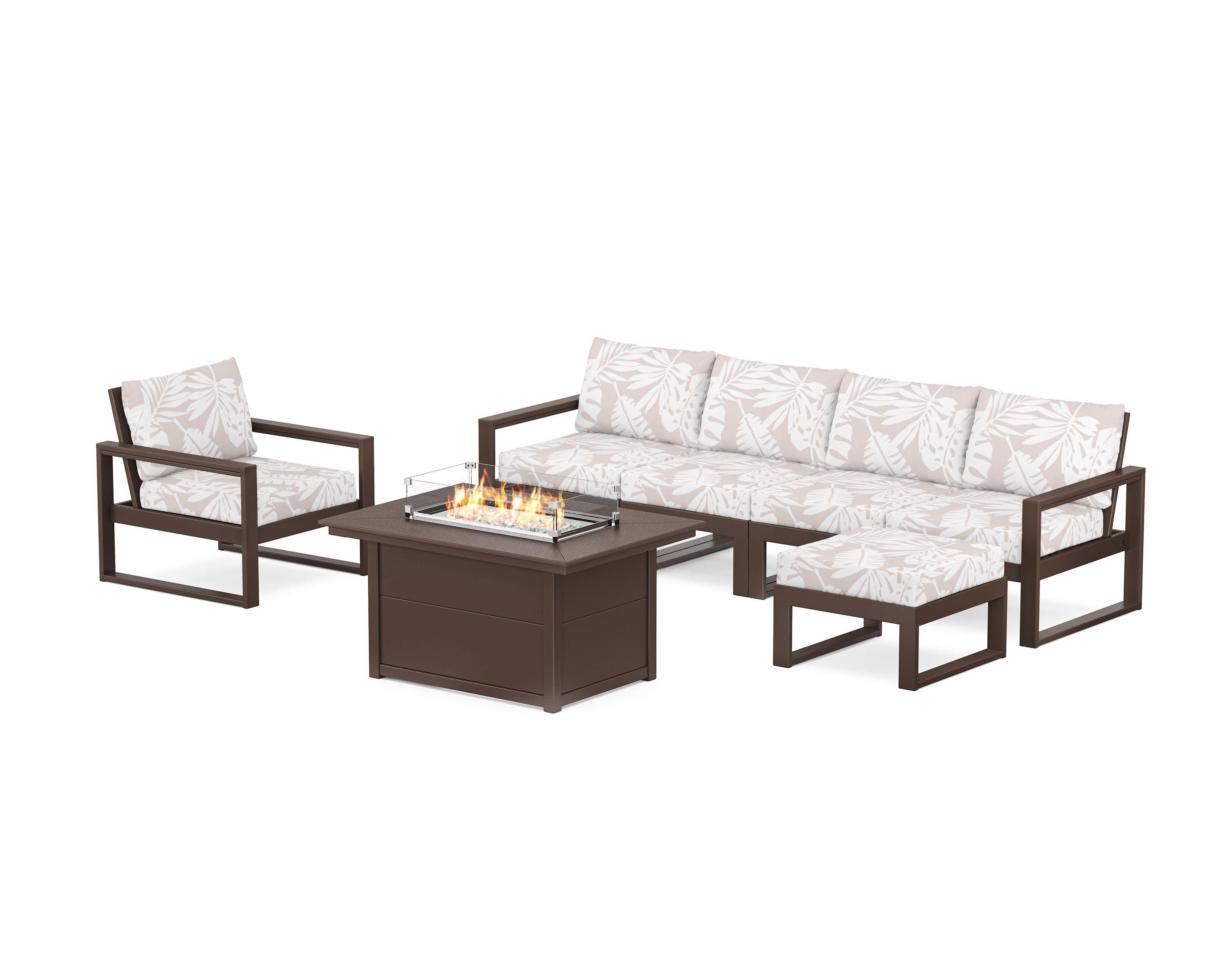 POLYWOOD® EDGE Sectional Lounge and Fire Pit Set in Mahogany / Leaf Dune Burlap