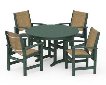 POLYWOOD® Coastal 5-Piece Round Farmhouse Dining Set in Green / Burlap Sling