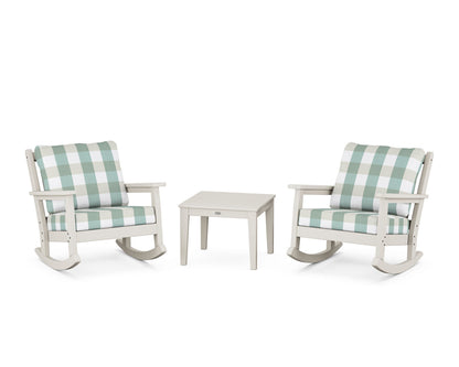 POLYWOOD® Chippendale 3-Piece Deep Seating Rocker Set in Sand / Buffalo Plaid Glacier Spa