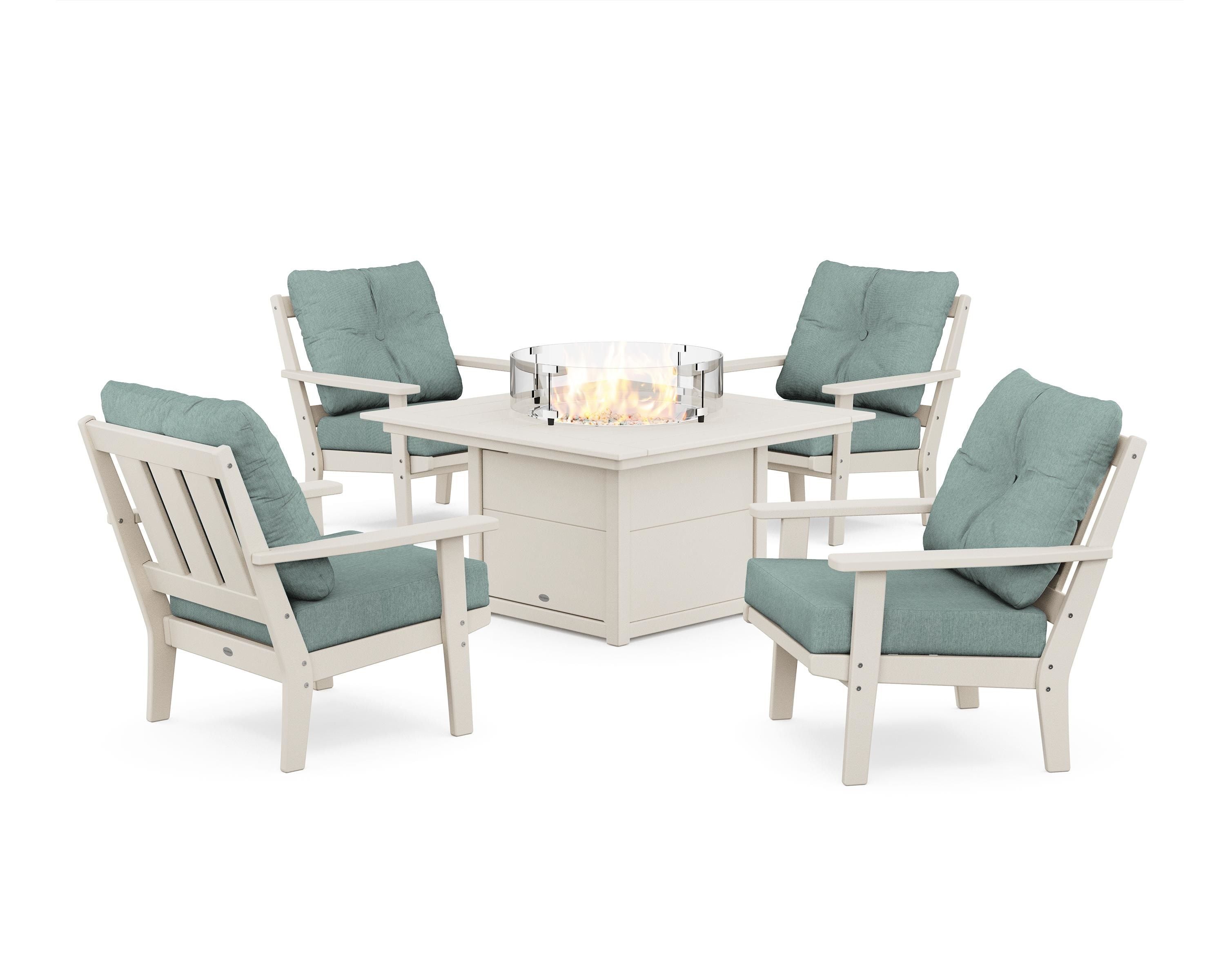POLYWOOD® Oxford 5-Piece Deep Seating Set with Fire Pit Table in Sand / Glacier Spa