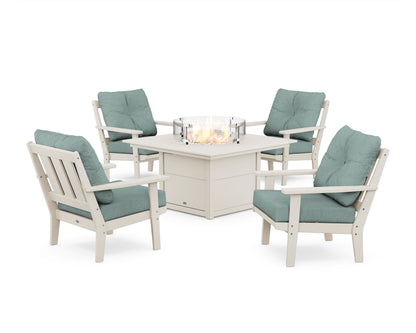 POLYWOOD® Oxford 5-Piece Deep Seating Set with Fire Pit Table in Sand / Glacier Spa