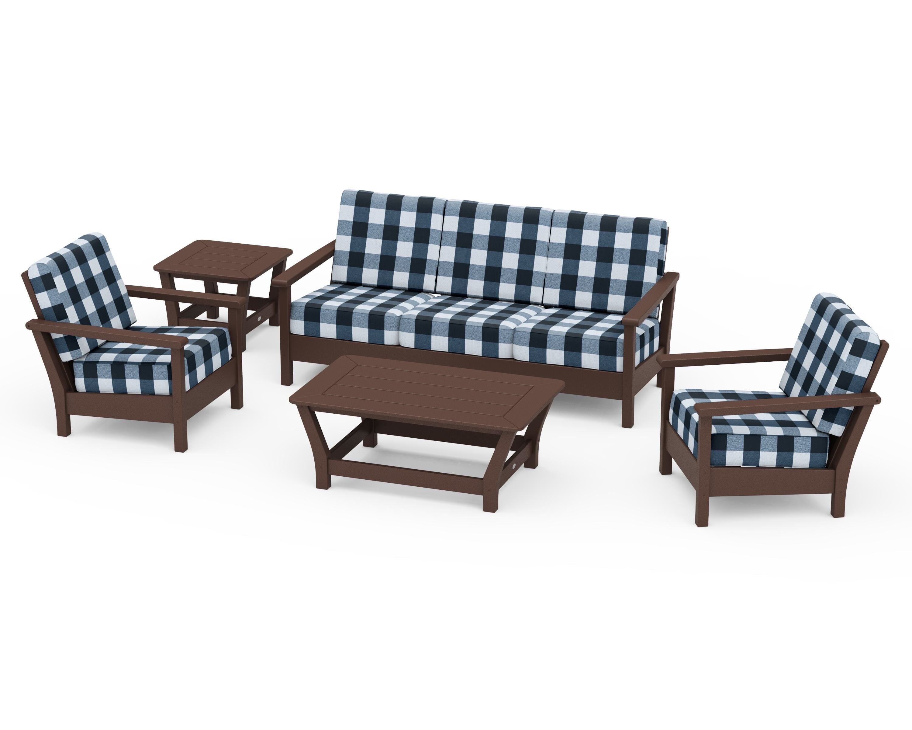 POLYWOOD® Harbour 5-Piece Deep Seating Set in Mahogany / Buffalo Plaid Marine Indigo
