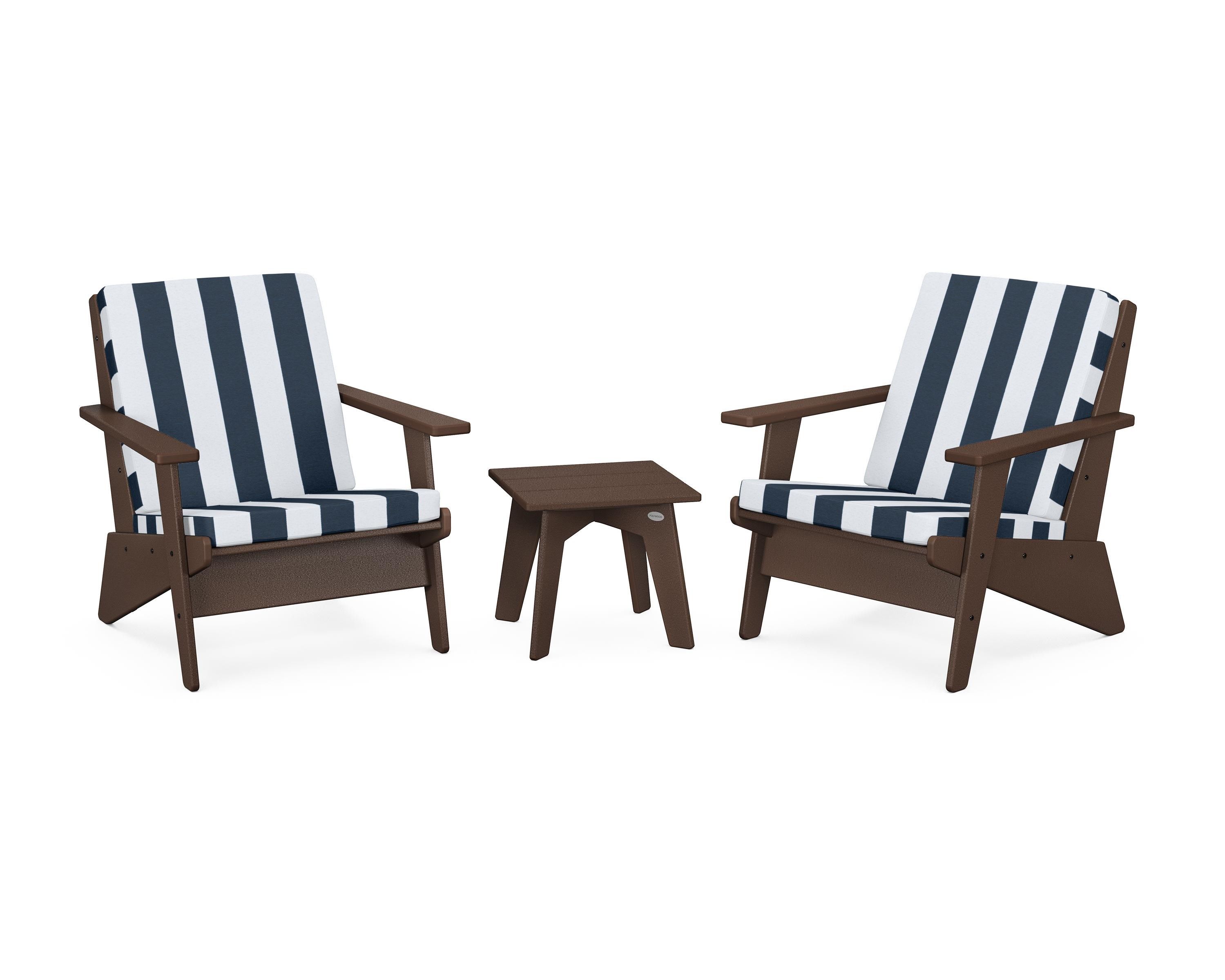 POLYWOOD® Riviera Modern Lounge 3-Piece Set in Mahogany / Cabana Stripe Marine Indigo
