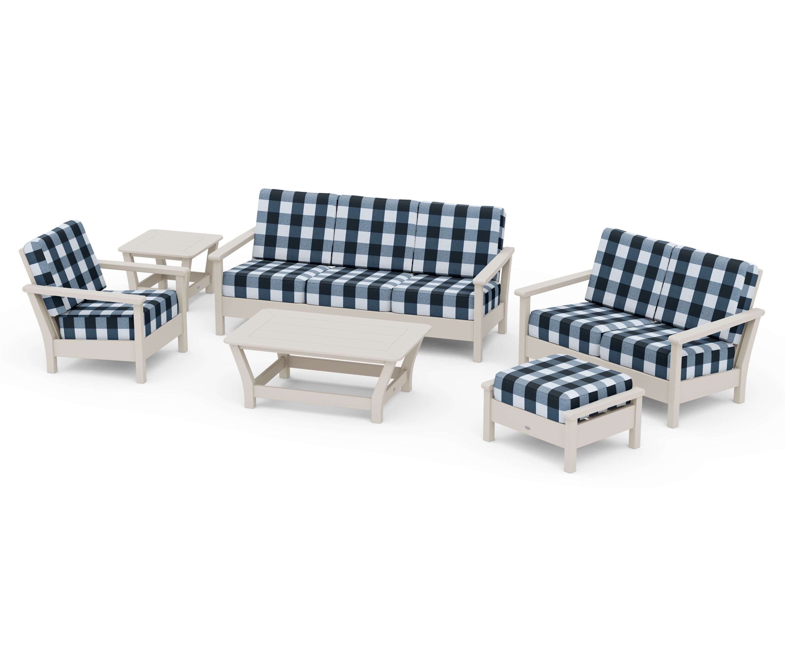 POLYWOOD® Harbour 6-Piece Outdoor Living Set in Sand / Buffalo Plaid Marine Indigo