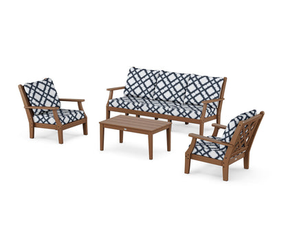 Country Living Wovendale 4-Piece Deep Seating Set with Sofa in Teak / Trellis Marine Indigo