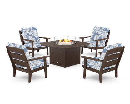 POLYWOOD® Lakeside 5-Piece Deep Seating Set with Nautical Fire Pit Table in Mahogany / Leaf Sky Blue
