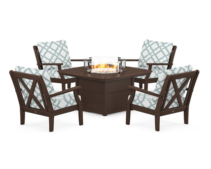 POLYWOOD® Braxton 5-Piece Deep Seating Conversation Set with Fire Pit Table in Mahogany / Trellis Glacier Spa