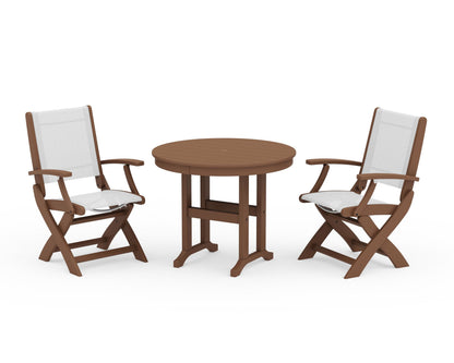 POLYWOOD® Coastal Folding Chair 3-Piece Round Dining Set in Teak / White Sling